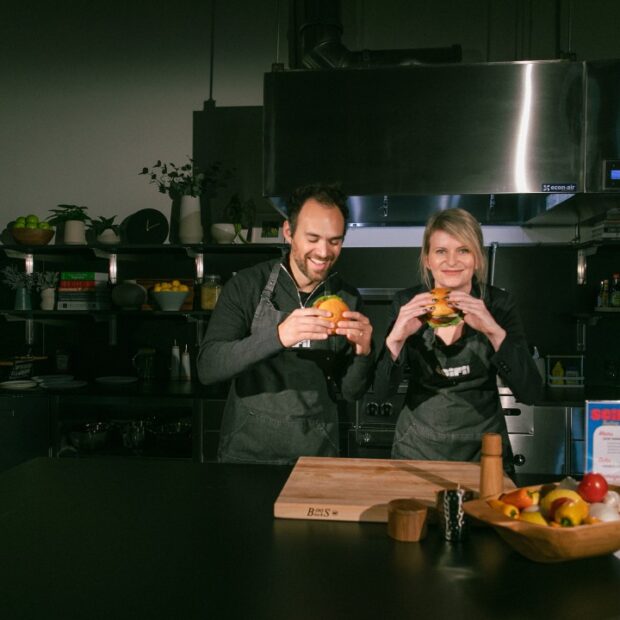 SciFi Foods founders eating burgers
